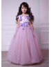 Pink Lavender Floral Appliques Tulle Dreamy Flower Girl Dress